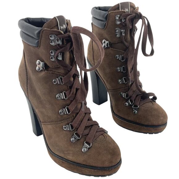Coach Carol Brown Suede Lace-Up Heeled Combat Boots Women’s Size 8 Preowned - Picture 1 of 6